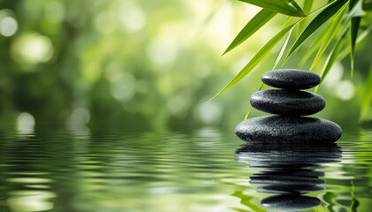 Obraz premium A tranquil stack of black zen stones emerging from calm water with vibrant green bamboo leaves gracefully framing the scene.