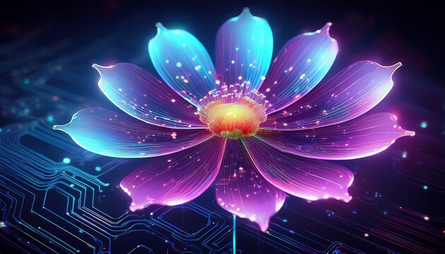 futuristic cosmos flower with circuit big data technology generative ai