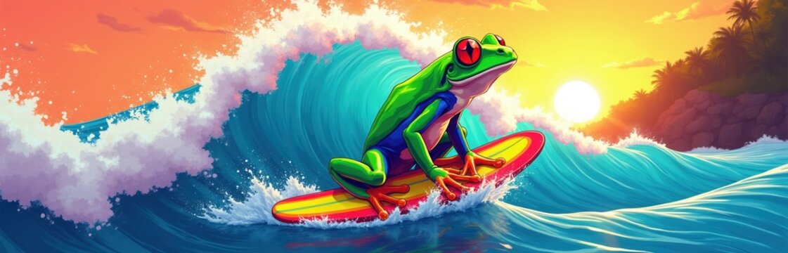 Green frog with red eyes surfs big ocean wave on colorful board. Tropical island coast and sunset sky create vivid background. Animal enjoys summer activity.