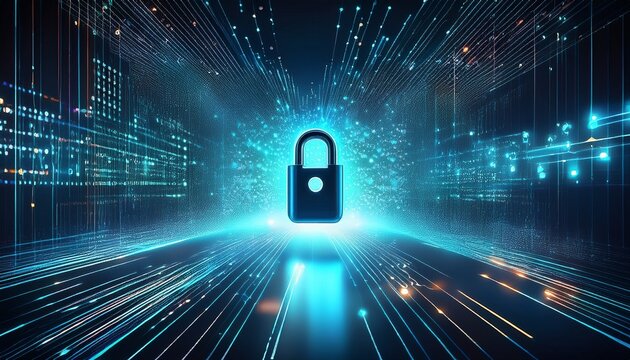 glowing digital lock streams of binary code and data points