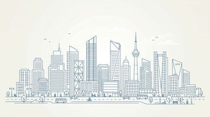 Fototapeta premium A stylized line drawing depicts a modern city skyline featuring numerous skyscrapers and urban elements against a light background.