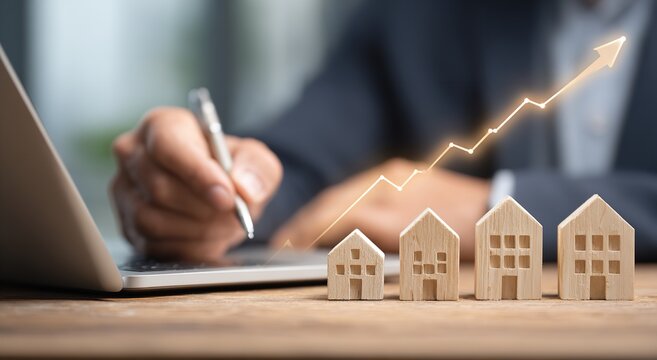A professional businessman holds a silver pen over a laptop while four wooden house models sit before a rising golden arrow chart on the table