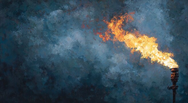 A fierce and bright orange industrial flame erupts from a metallic flare stack against a dark moody sky with textured oil painting style aesthetics