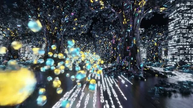 Surreal Cyberpunk Forest Path with Glowing Orbs and Digital Data Streams