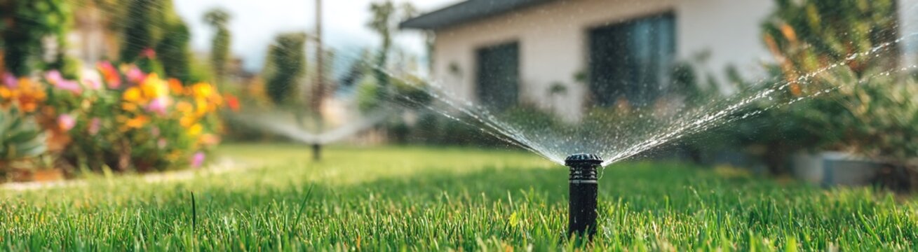 A single black irrigation sprinkler head sprays fine water mist over a manicured lawn with a blurred house visible in the soft background