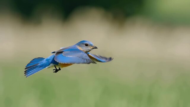 Vibrant Blue Jay Bird in Flight Over Green Field Background blue jay flying blue jay wings spread blue jay feathers