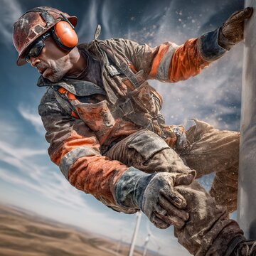 Skilled wind turbine technician climbs high above ground level wearing protective gear and safety helmet during maintenance work in a dynamic and challenging industrial environment
