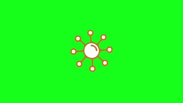 Simple molecular model icon with central sphere and surrounding nodes on bright green background.