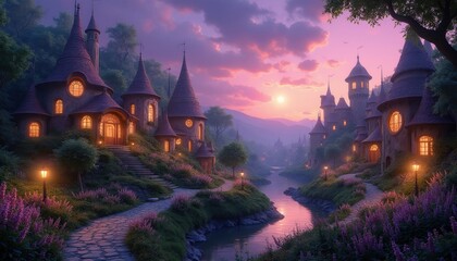 Naklejka premium Fairytale village with domed houses and glowing windows by river at twilight. Winding path through flower gardens leads to enchanted settlement. Evening sunset sky glows purple pink.