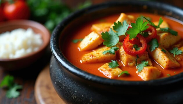 Rich Bahian fish moqueca stew served in rustic black bowl. Chunks of fish in red coconut milk sauce with peppers and parsley. Side of white rice.