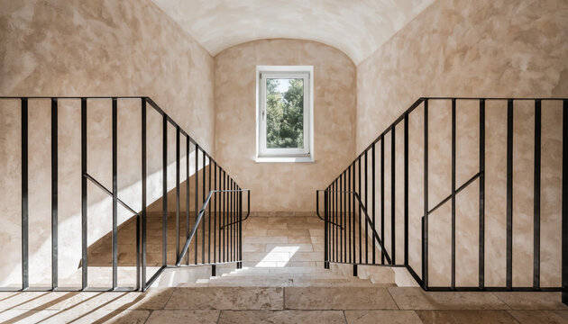 Two elegant stone staircases with black railings ascend towards a single arched window in a textured hallway.