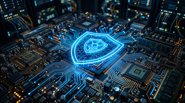 A glowing blue shield symbol is embedded on a complex circuit board, representing digital security.