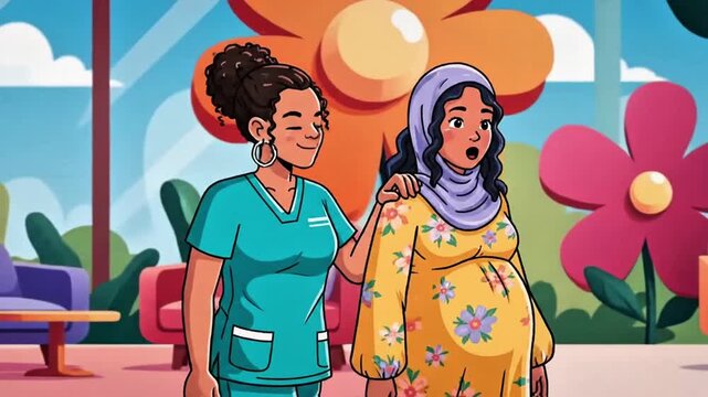 Friendly cartoon vector animation of a cheerful midwife character interacting with a pregnant woman, expressive faces, exaggerated gestures, colorful environment, camera side tracking shot