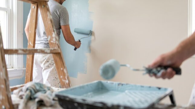 Two people painting a room light blue with paint rollers
