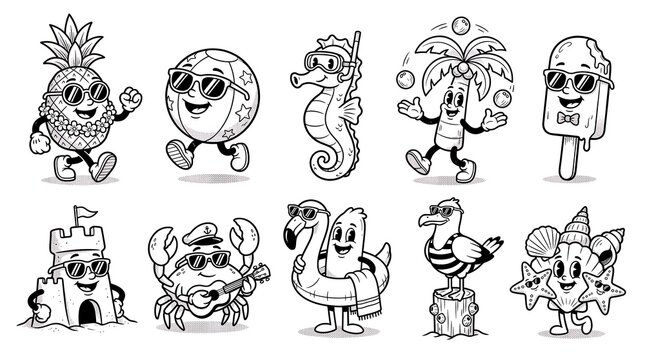 Summer mascots in vintage rubber hose cartoon style