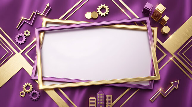 Luxury purple background with gold frame, stock market arrow, coins, real estate buildings and gears symbolizing business success, economic growth and financial prosperity