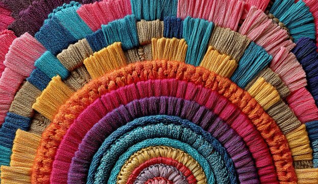 Layered multi-colored fringe segments form a vibrant radiating fan-like texture on this artistic semi-circular wall hanging display piece