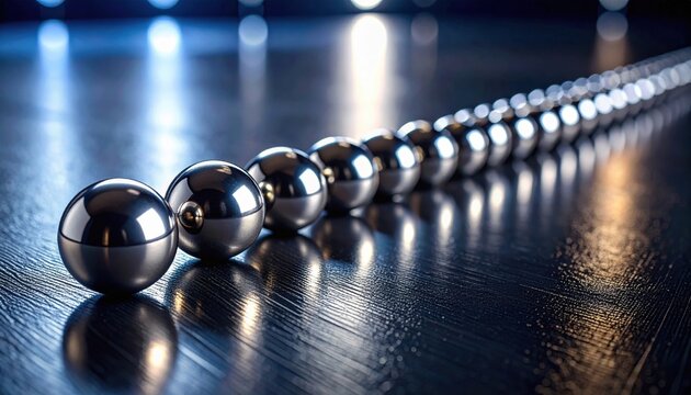 A row of shiny metal balls aligned in a sequence on a reflective surface