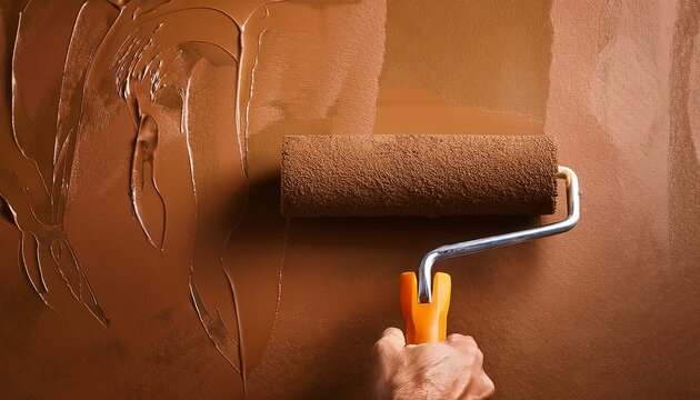 close up of painter arm painting a wall in brown with paint roller