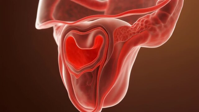 Photorealistic uterus cross section with thickened red endometrial lining in layered transparency illustrating hyperplasia condition for medical education representing abnormal uterine tissue growth