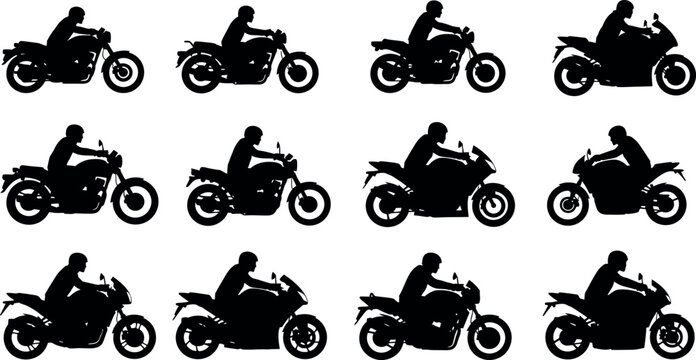 Silhouette collection diverse motorcycle riders in dynamic poses black and white