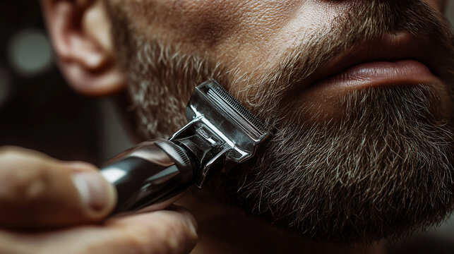 A close-up shot captures a man meticulously shaving his full beard with a classic silver razor.