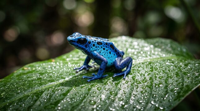 Poison dart frog on wet leaf, neon colors, water droplets sparkling, rainforest macro