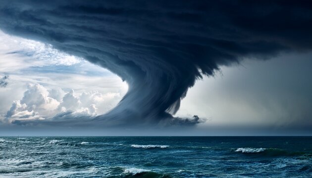 dramatic cyclone over the ocean a swirling mass of dark ominous clouds unleashes a powerful storm