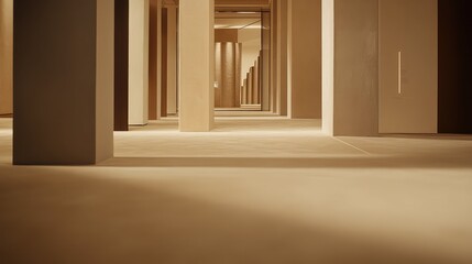 Naklejka premium Minimalist architectural design creating a clean, geometric perspective with repeating columns in warm beige tones, defining a modern and luxurious interior space