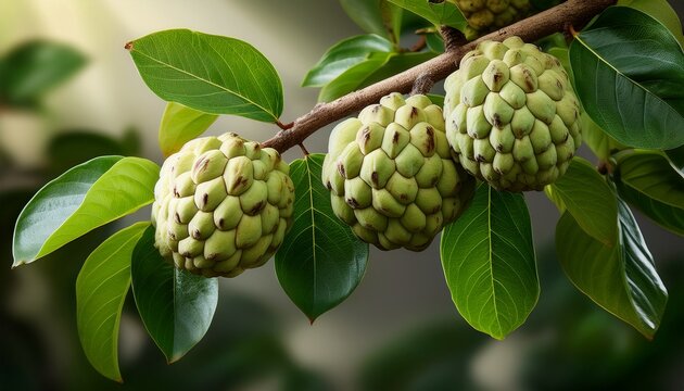 fresh cherimoya fruits on branch with green leaves