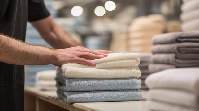 A close-up shot of male hands meticulously folding soft, clean towels into neat stacks on a counter.