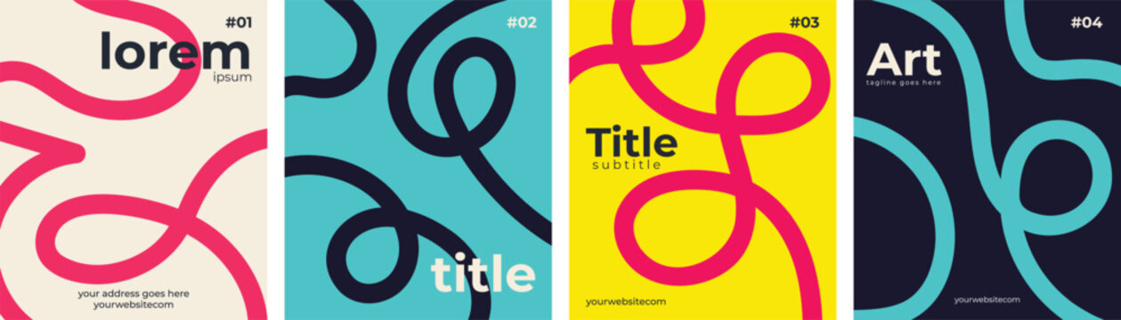 Modern colorful abstract squiggle lines set, bold minimal curved line art backgrounds collection, trendy geometric fluid shapes poster design for branding, social media, packaging and print
