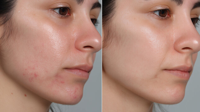 A stunning before and after comparison demonstrating significant improvement in a woman's acne-prone skin.