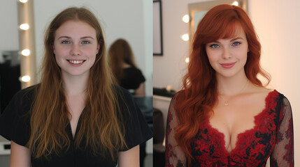 Fototapeta premium A dramatic before and after comparison highlighting a woman's striking hair color and style makeover.