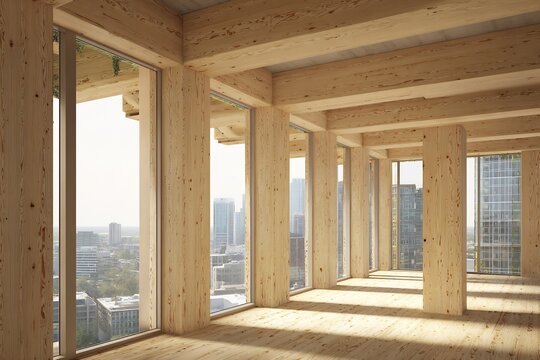 Interior perspective of sustainable high rise building under construction featuring massive Cross Laminated Timber CLT structural beam wooden column instead of traditional steel Warm natural wood