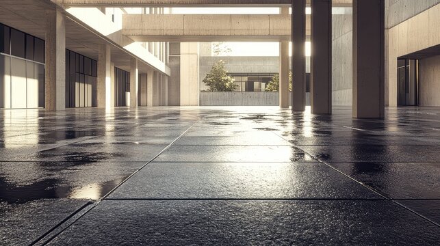 Concrete brutalist architecture with wet floor reflecting sunlight
