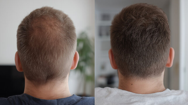 A male hair transformation showcasing significant regrowth and density improvement on the back of the head after treatment.