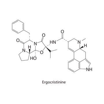Ergocristinine skeletal structure. ergot alkaloid compound schematic illustration. Simple diagram, chemical formula.