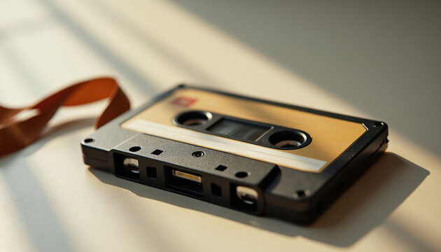 Classic audio cassette tape with exposed ribbon sits on light surface. Sunlit shadows fall across object, suggesting past era. This analog media object brings forth musical memories and nostalgia.
