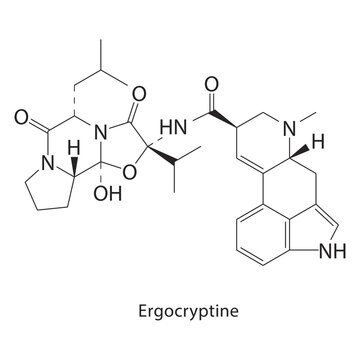 Ergocryptine skeletal structure. ergot alkaloid compound schematic illustration. Simple diagram, chemical formula.