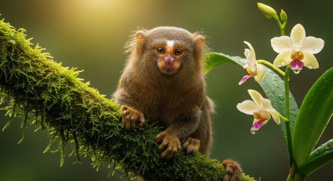 Adorable Pygmy Marmoset Perched on Mossy Branch Near Tropical Orchids