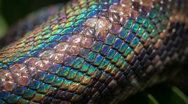 Snake scales close-up, iridescent texture, light reflections, ultra detailed pattern