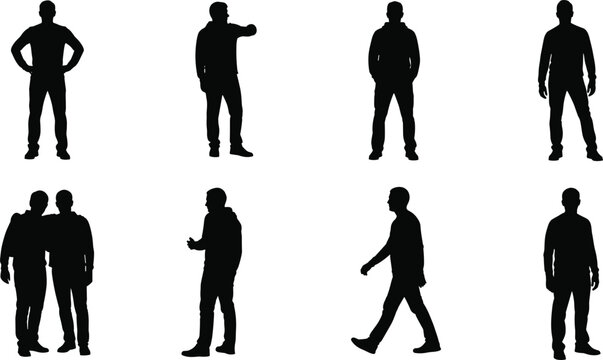 Here is the professional metadata for this collection of men's silhouettes, featuring standing, walking, and interacting poses.