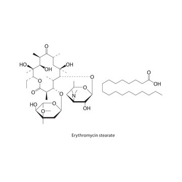 Erythromycin stearate skeletal structure. macrolide antibiotic compound schematic illustration. Simple diagram, chemical formula.