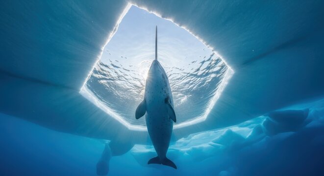 Majestic Narwhal Swimming Under Arctic Ice Towards Surface Hole