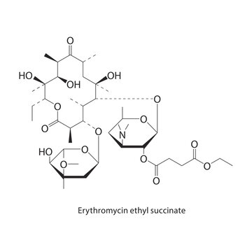 Erythromycin ethyl succinate skeletal structure. macrolide antibiotic compound schematic illustration. Simple diagram, chemical formula.