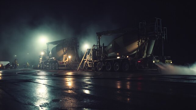 Cinematic wide shot of night shift concrete pour Large unbranded pump trucks steam rising wet concrete under powerful floodlights Moody high energy atmosphere with deep shadows and amber highlights