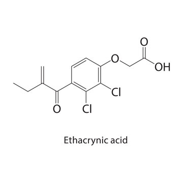 Ethacrynic acid skeletal structure. diuretic compound schematic illustration. Simple diagram, chemical formula.