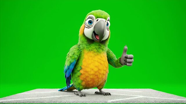 A Cheerful Cartoon Green Parrot with Blue Wing Accents and a Yellow Chest Gives a Thumbs Up Gesture Against a Vibrant Green