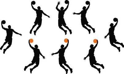 Basketball player silhouettes set with dunk jump poses and ball action sport vector collection © Manik